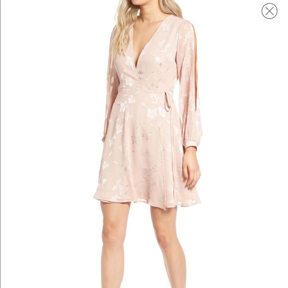 ASTR blush wrap dress with cold shoulder slits